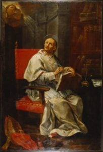 Petrsu Damianus im Stuhl sitzend, ein Buch in der Hand, zum Himmel schauend