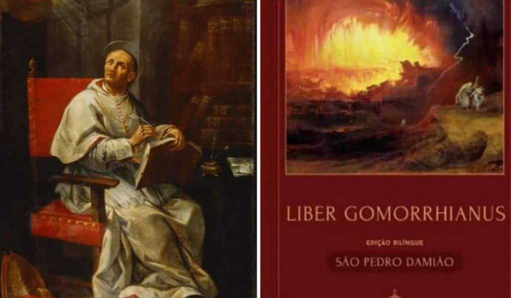 Die Kirche im Kampf gegen die Sodomie: Der hl. Petrus Damianus im Stuhl sitzend, zum Himmel schauend, und sein Buch Liber Gomoorhianus