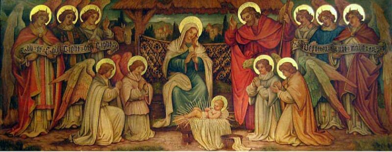 Das Christuskind liegt in der Krippe, die Gottesmutter Maria und die Engel beten es an. Weihnachten sind immer neu.