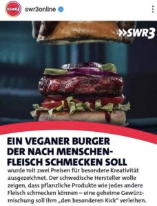 Ein Bild mit einem Veganer Burger, der nach Menschenfleisch schmecken soll