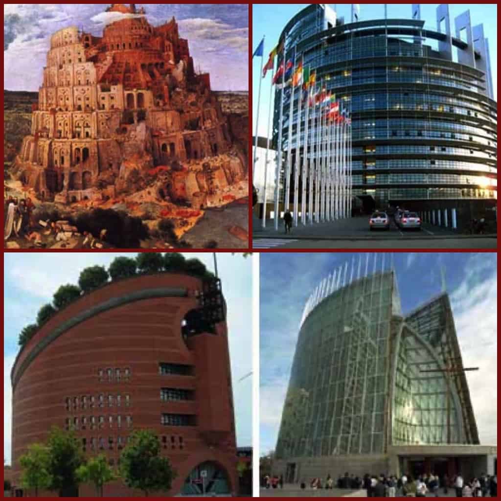 Bilder vom Turmbau zu Babel, das Europaparlament in Straßburg und zwei Kirche im Rundbaustil