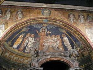 Mosaik in der Apsis von Santa Prassede in Rom, mit dem Phönix auf der linken Palme