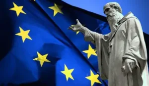 Der heilige Benedikt von Nursia vor einer Europaflagge