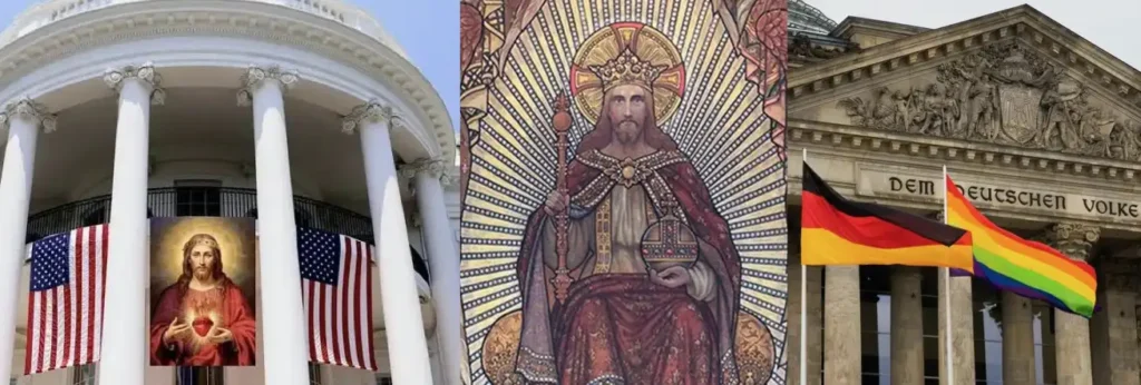 Christkönigtum oder Chaos: links das Kapitol (USA), rechts Reichstagsgebäude (BRD)