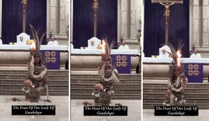 Der aztekische Stammestänzer zollt eindeutig dem Feuer, der Gottheit Xiuhtecuhtli, Tribut in einer kath. Kirche