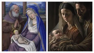 Bildervergleich Maria mit Jesuskind: Gemälde und KI-generiert
