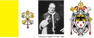 Papst Pius XI. mit Papstwappen und Flagge der Vatikanstadt