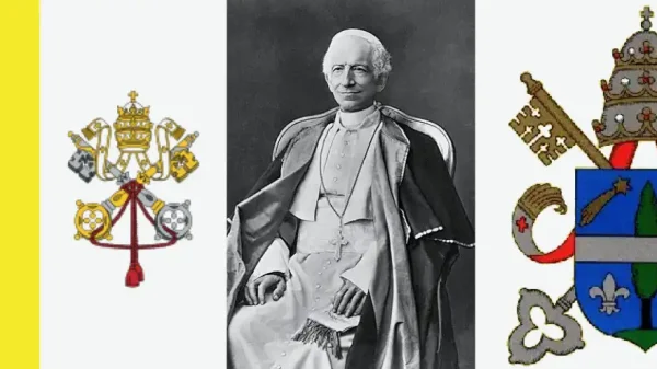 Leo XIII. mit Wappen für Enzyklika Arcanum Divinae Die Kirche und Ehe